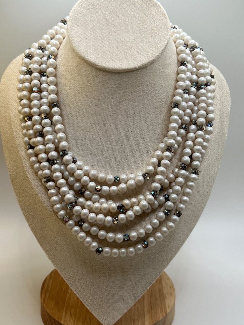 Vintage Signed Miriam Haskell 7-Strand Matte Pearl AB Crystal Choker